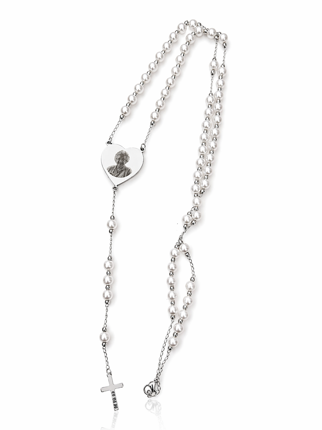 Silver Custom Photo Engraved Rosary Beads Necklace