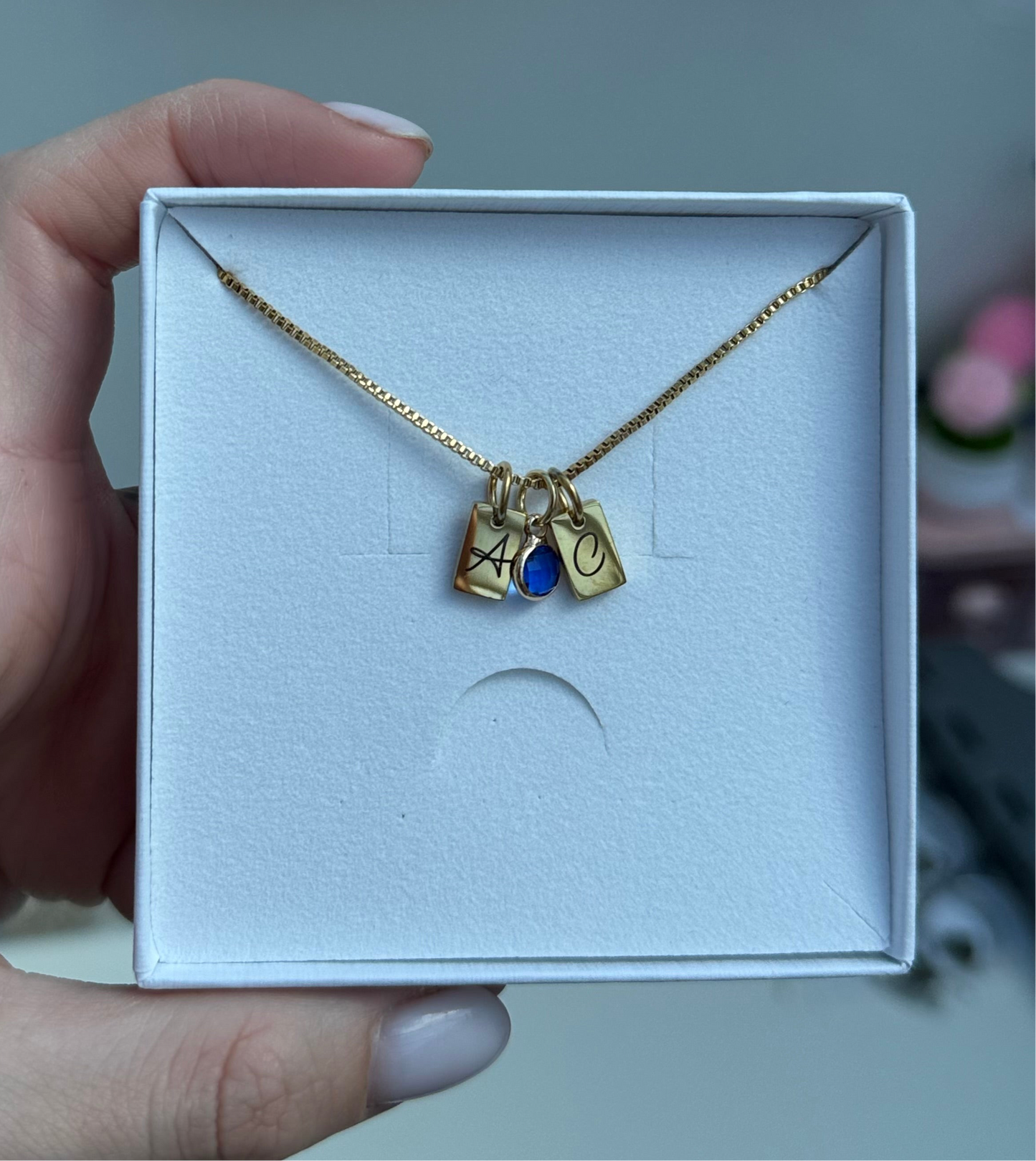 Gold initials gemstone anniversary necklace