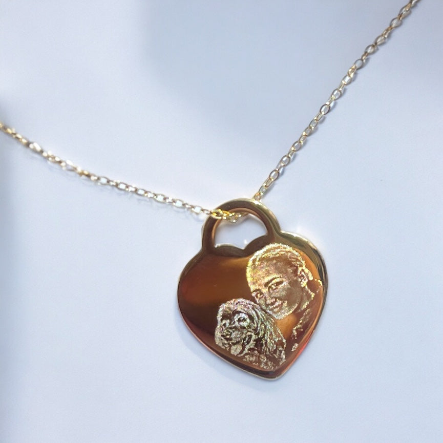 Gold photo engraved heart locket style necklace