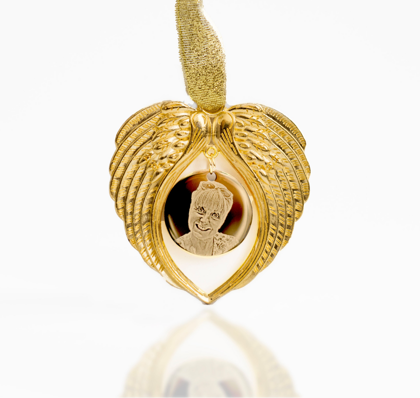 Gold angel wing decoration personalised with an engraved photo.