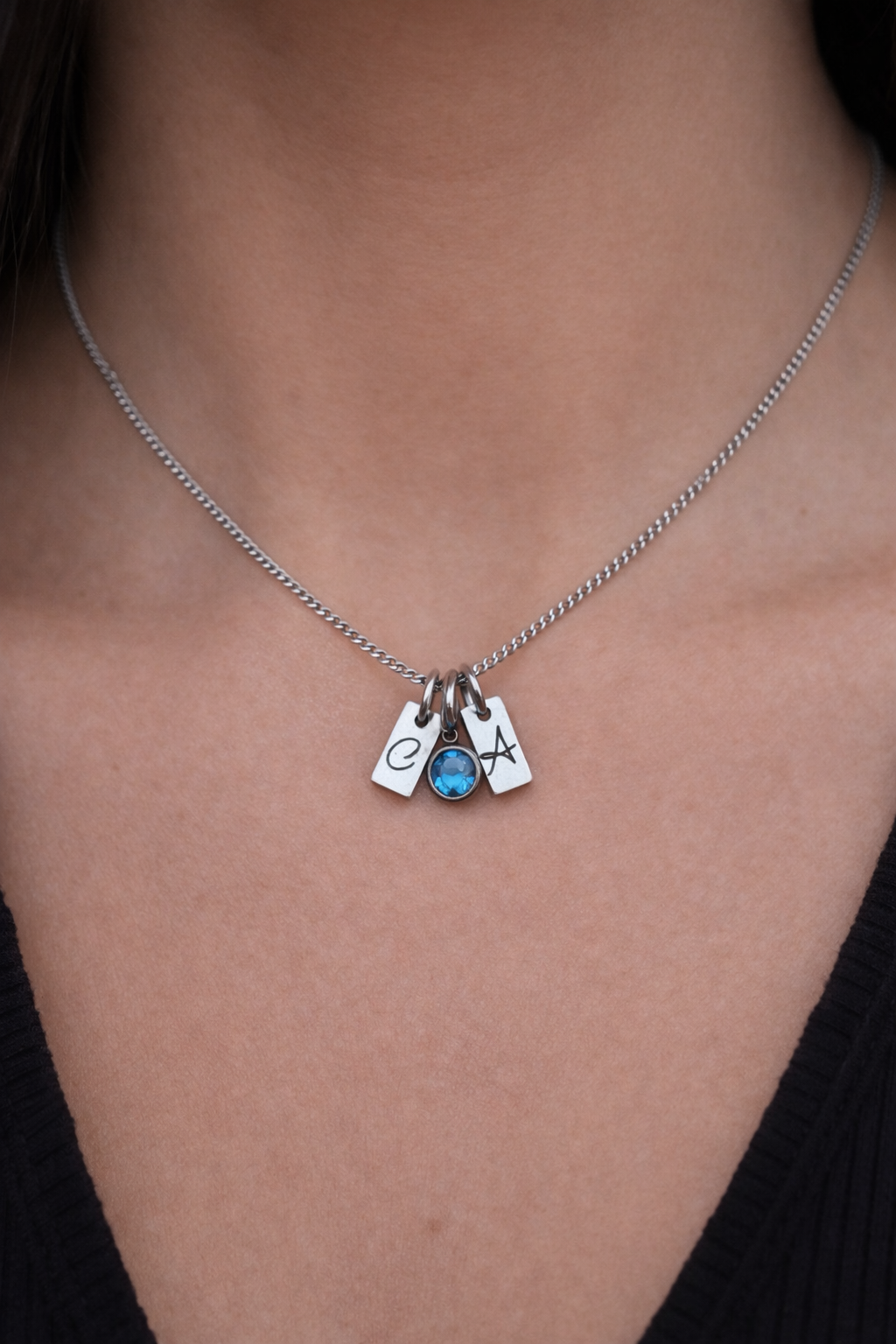 March aquamarine silver initials anniversary gemstone necklace