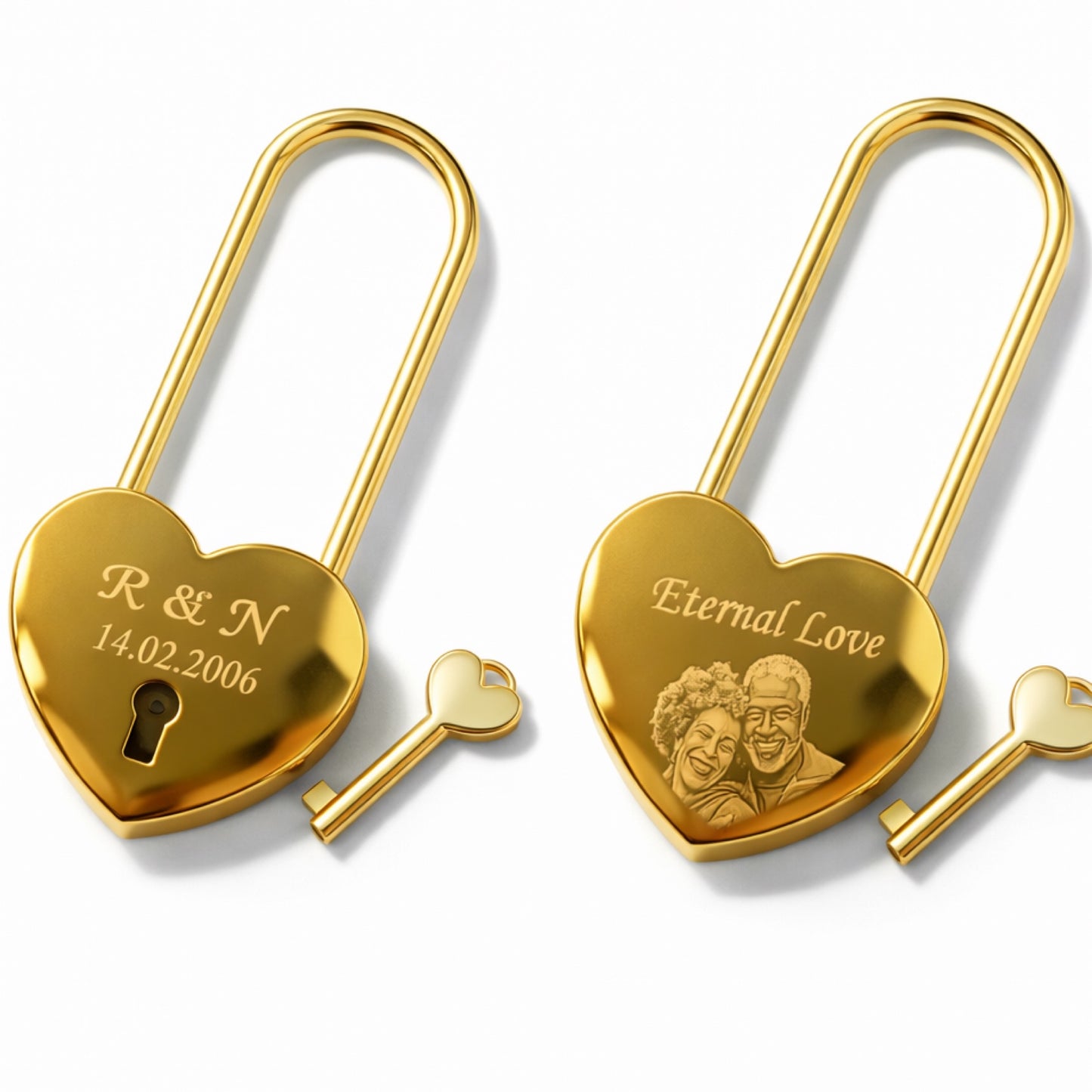 Gold photo engraved love padlock and key