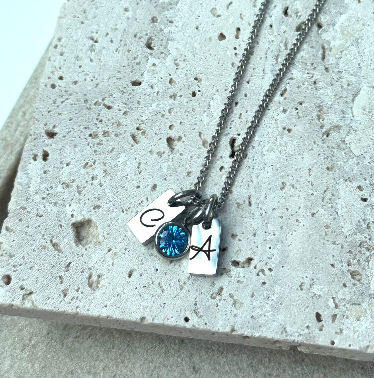 Silver initials anniversary gemstone necklace