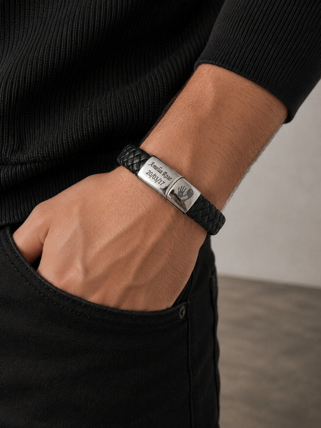 Personalised Men’s Leather Bracelet – Handprint Engraving – 4 Colour Options
