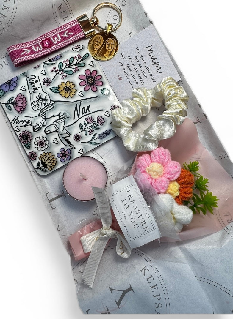 Personalised Mother's Day Gift set - includes keyring, coaster, crochet flower bouquet...