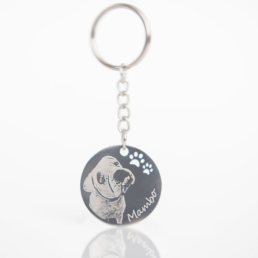 Photo engraved pet pawprint cut out keyring
