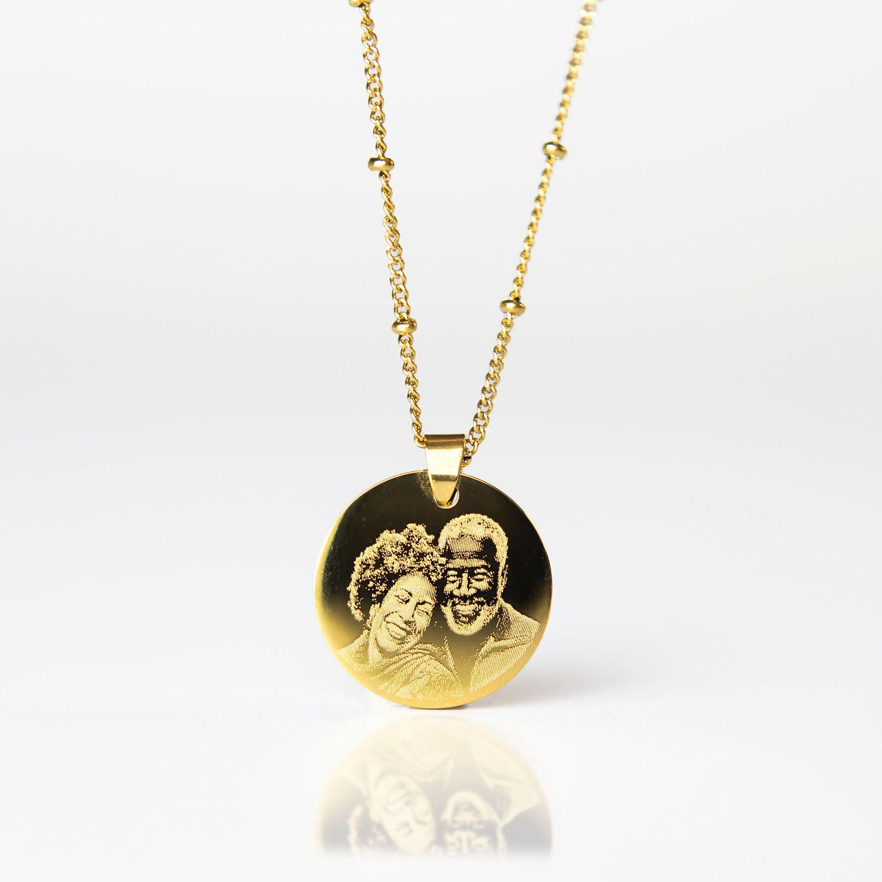 Gold circle photo engraved pendant necklace