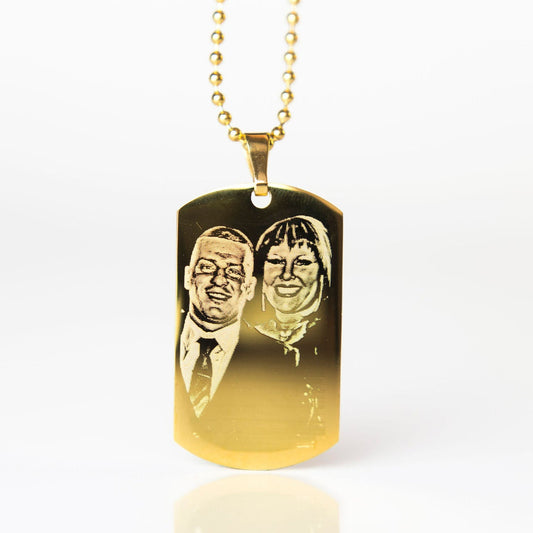 Medium gold dog tag photo engraved pendant necklace