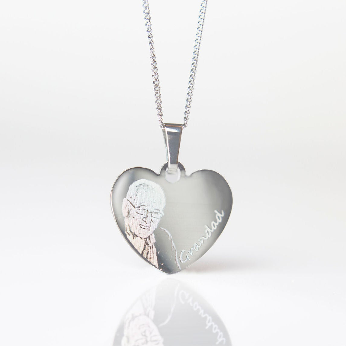 Engraved photo heart necklace with name
