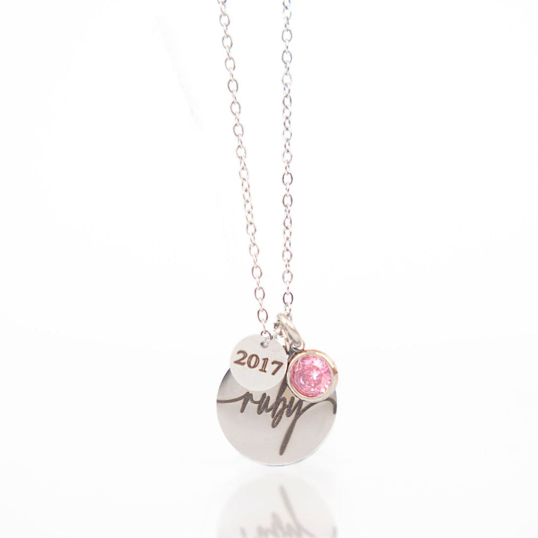 Silver personalised name birthstone necklace