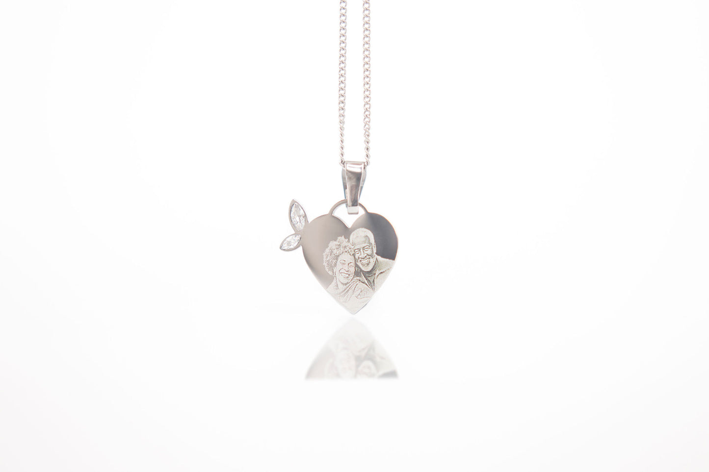 Winged heart photo engraved pendant necklace