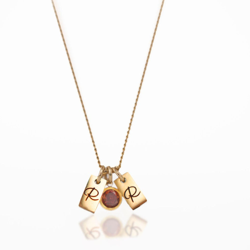 March aquamarine gold initials gemstone anniversary necklace