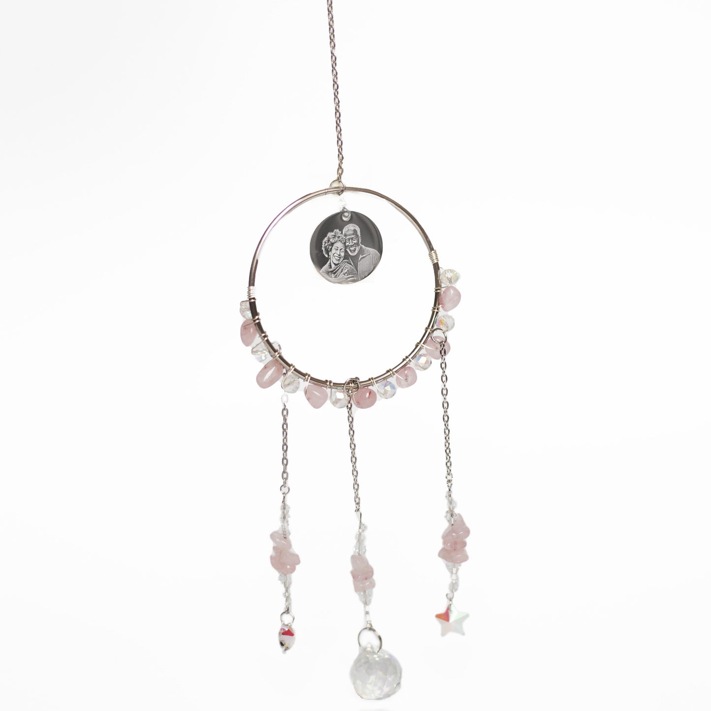 Rose Quartz gemstone photo engraved sun catcher
