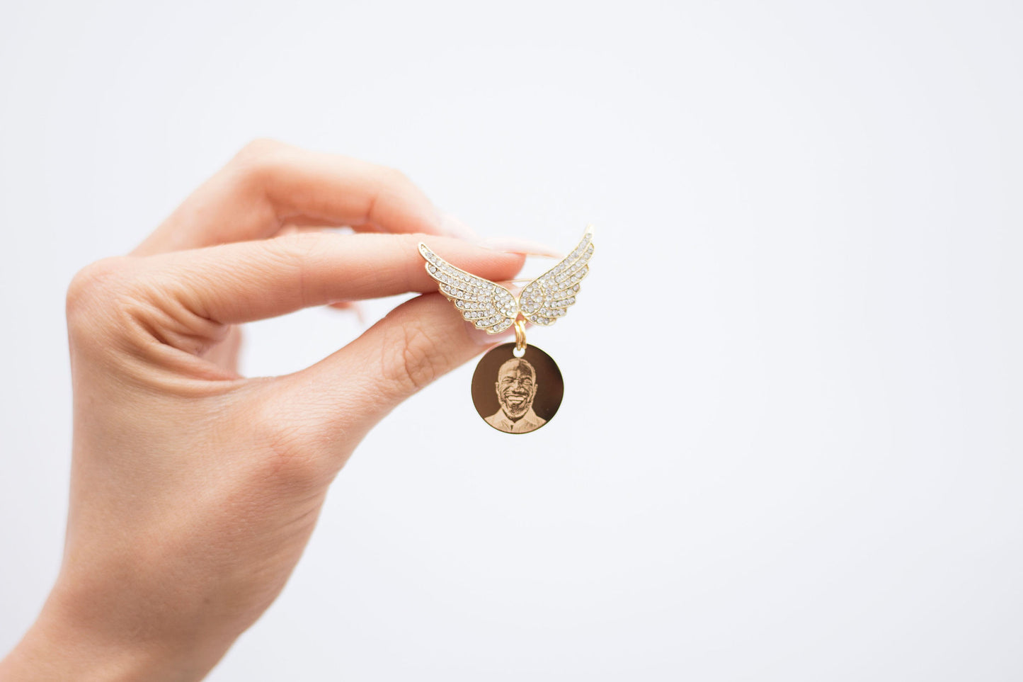Photo engraved angel wing memorial brooch