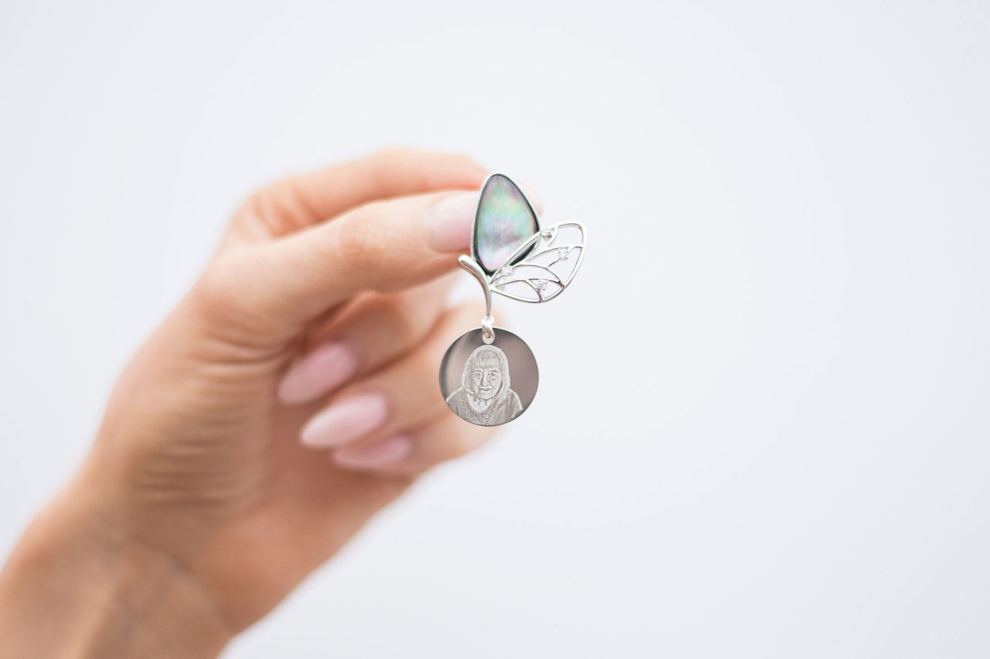 Butterfly memorial brooch photo engraved pin