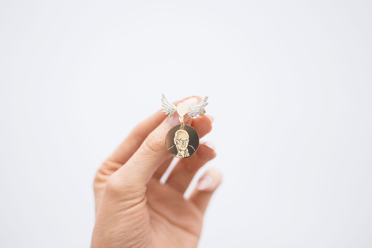 Small gold angel wing memorial brooch photo engraved