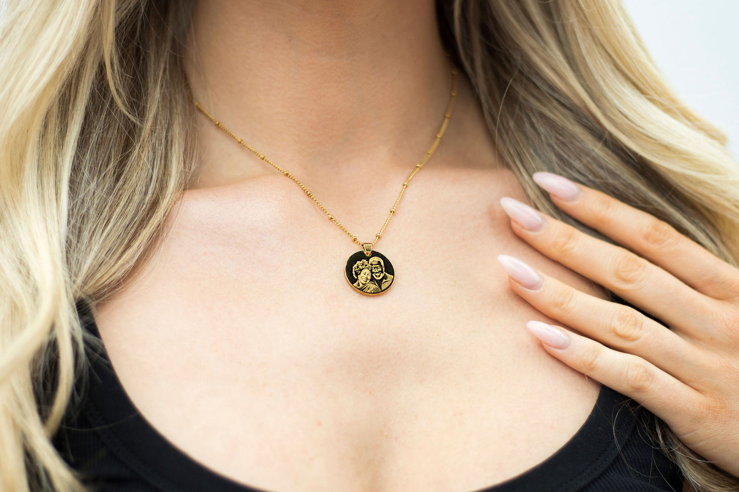 Gold circle photo engraved pendant necklace