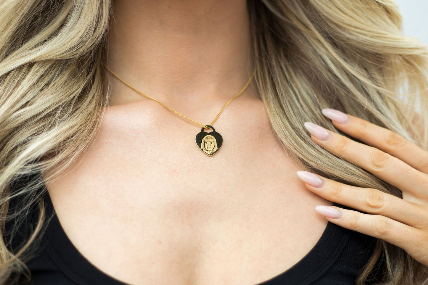 Gold photo engraved heart locket style necklace