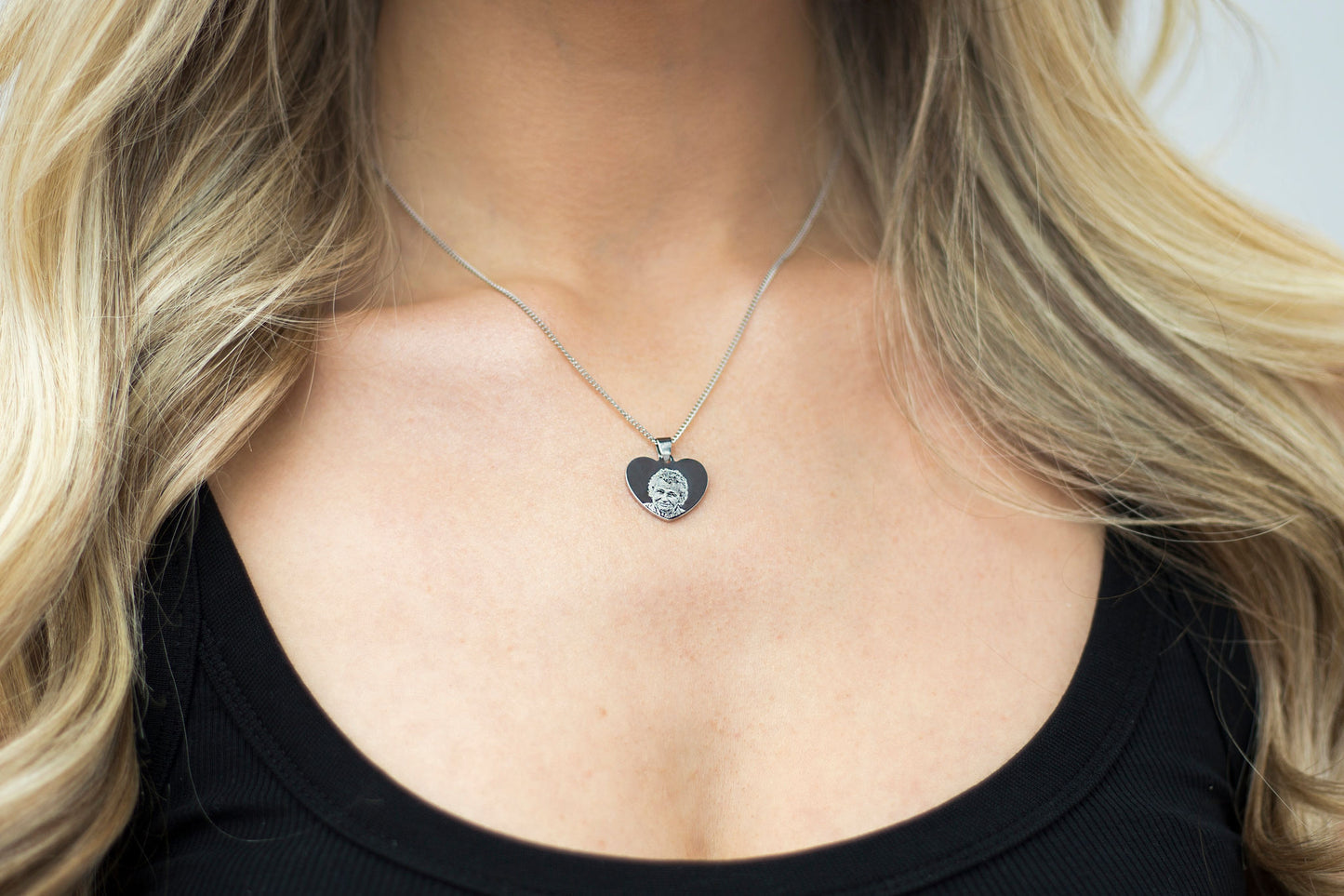 Small silver photo engraved heart necklace