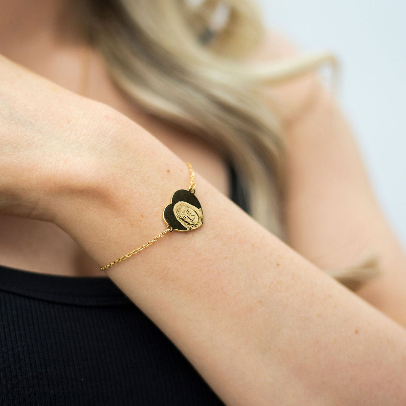 Gold heart photo engraved bracelet