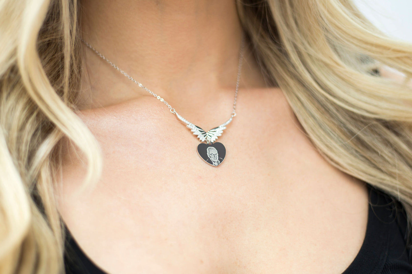 925 Angel wing photo engraved heart pendant necklace