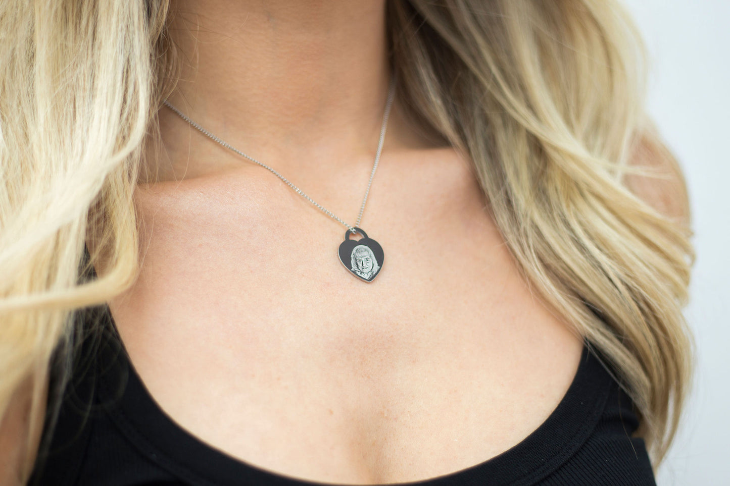 Photo engraved heart locket style necklace