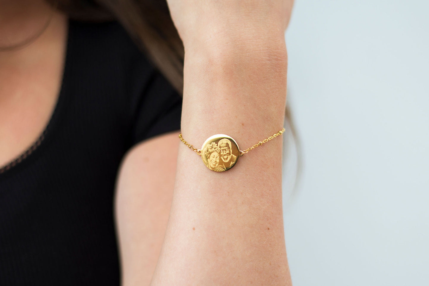 Gold circle photo engraved bracelet