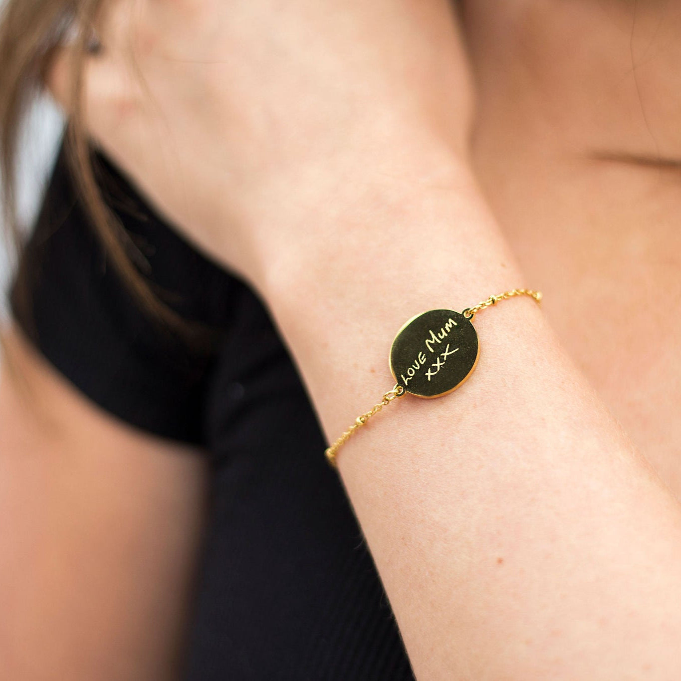 Gold circle photo engraved bracelet