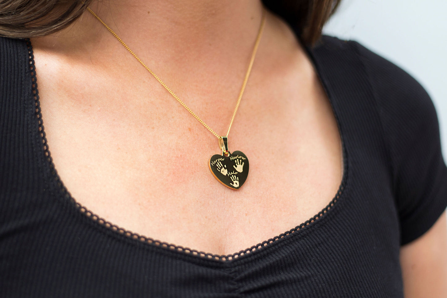 3 actual handprints engraved gold necklace - siblings
