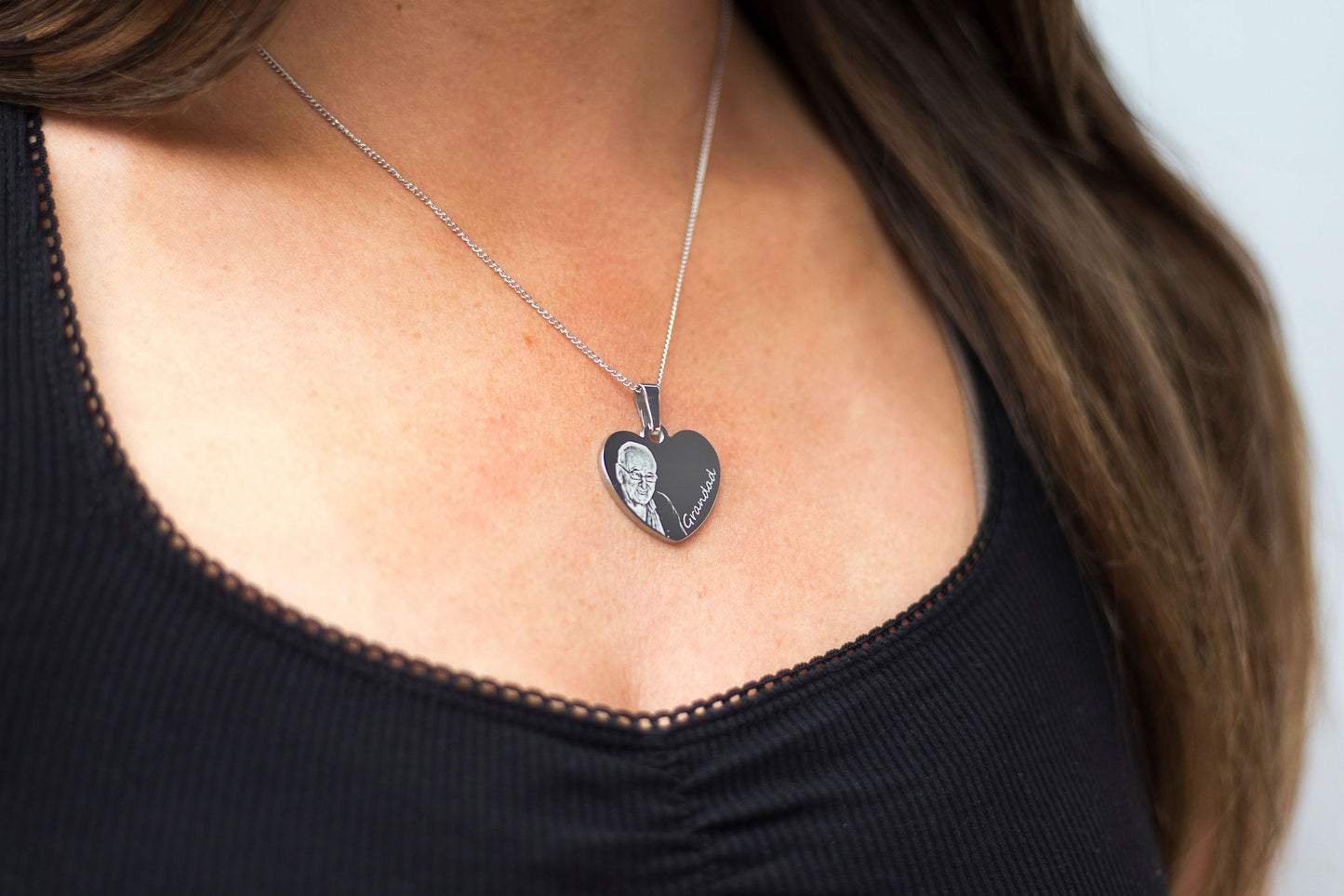 Engraved photo heart necklace with name