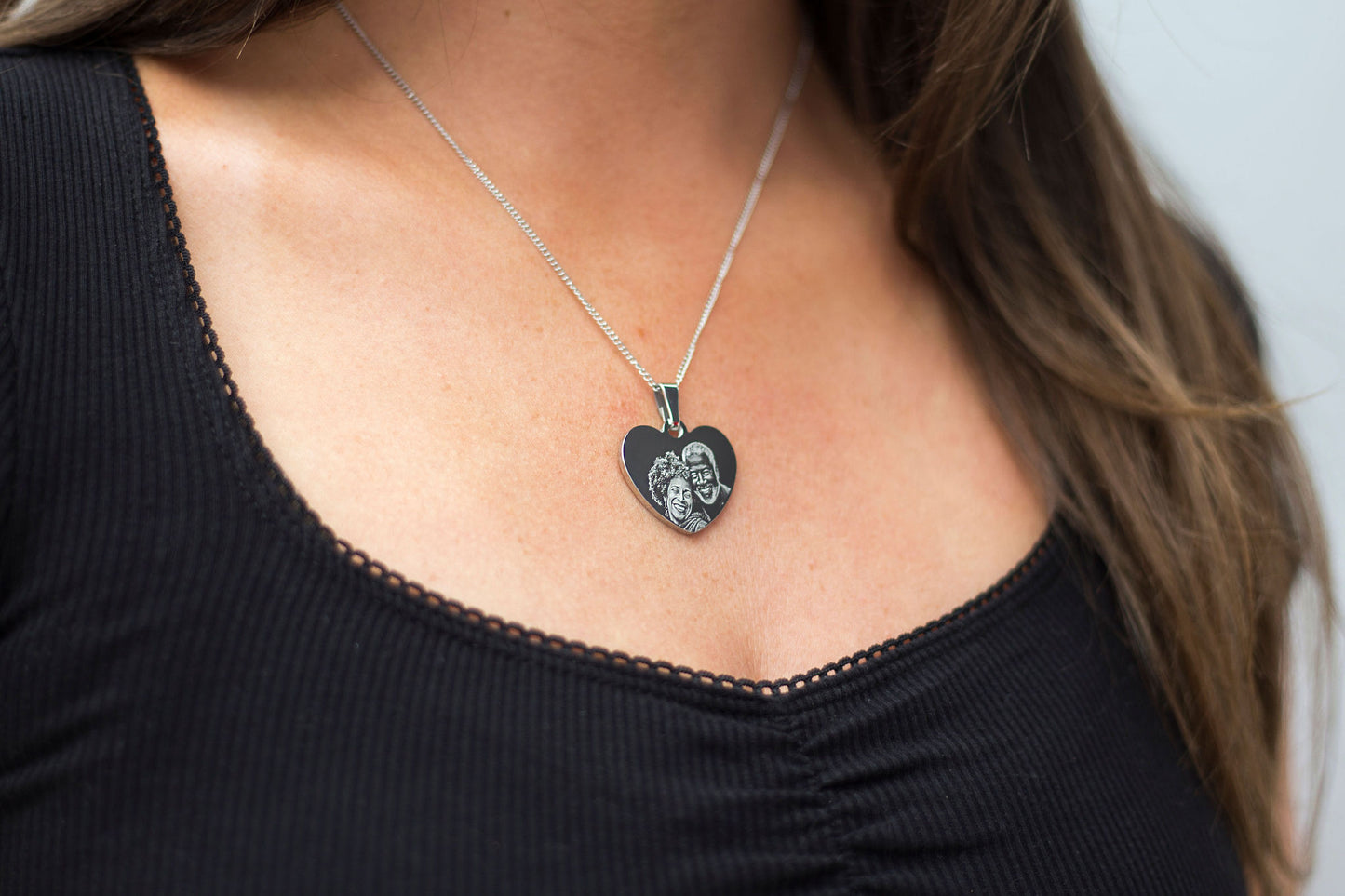 Photo engraved classic heart pendant necklace