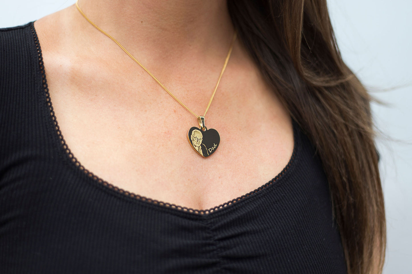 Gold engraved photo heart necklace with name
