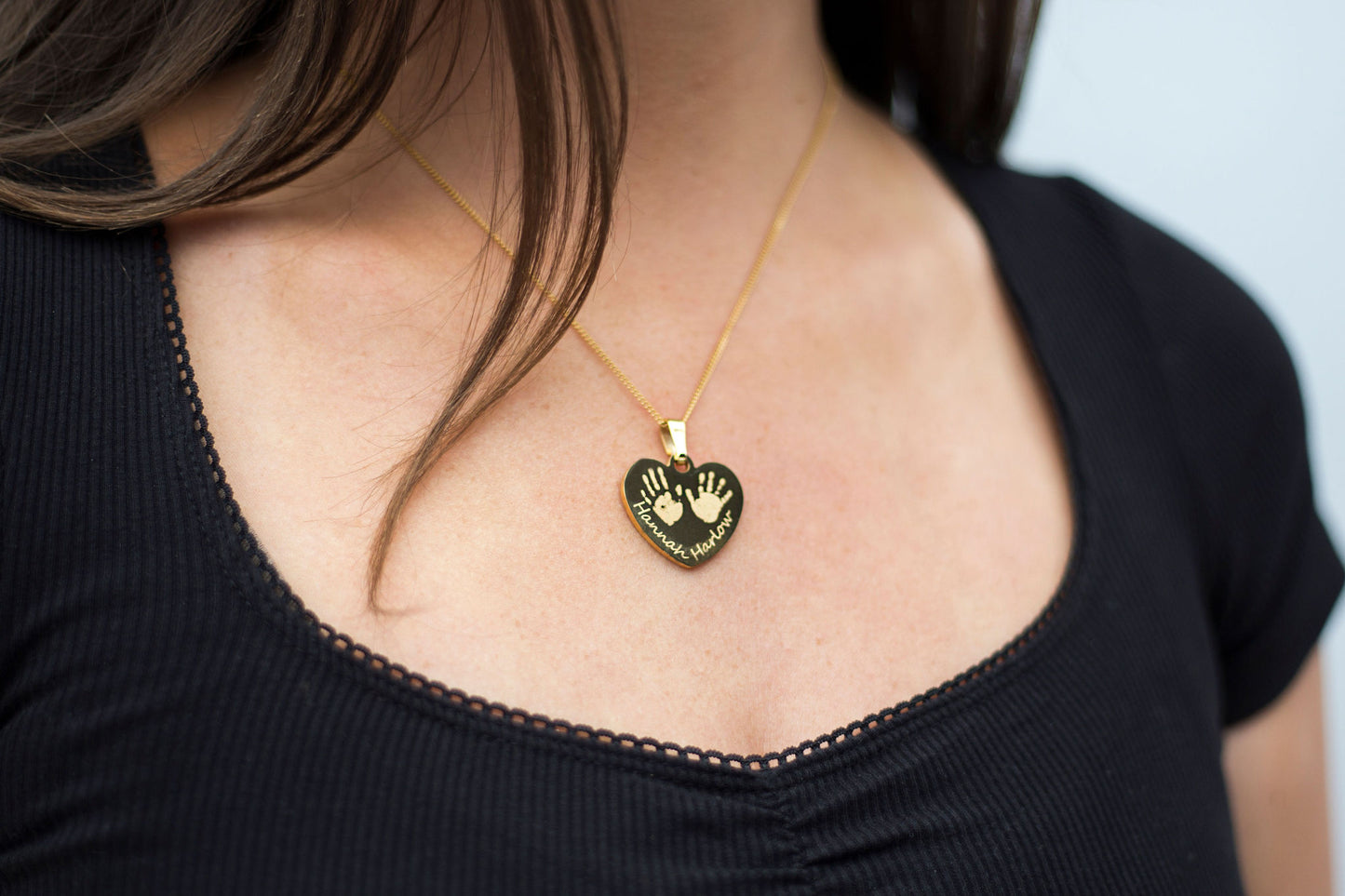 Gold 2 actual handprints engraved necklace - siblings