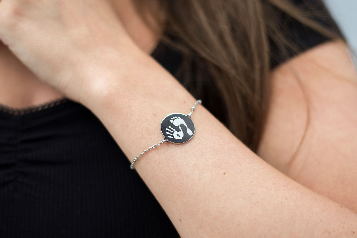 Silver circle photo engraved bracelet