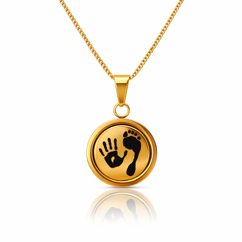 gold hand and footprint engraved necklace