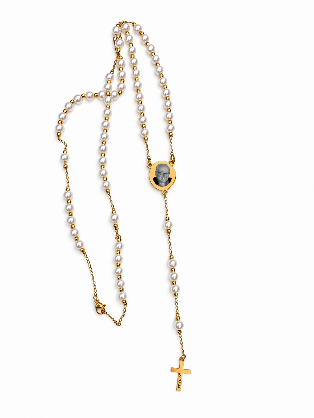 Gold Oval Custom Photo Engraved Rosary Beads Necklace
