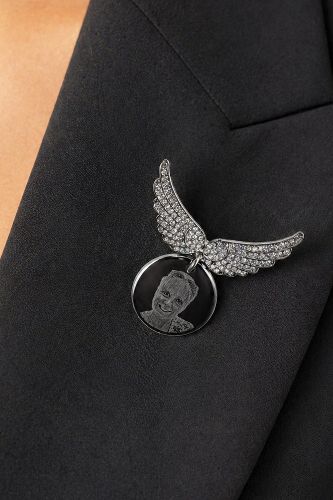Silver diamanté angel wing memorial brooch