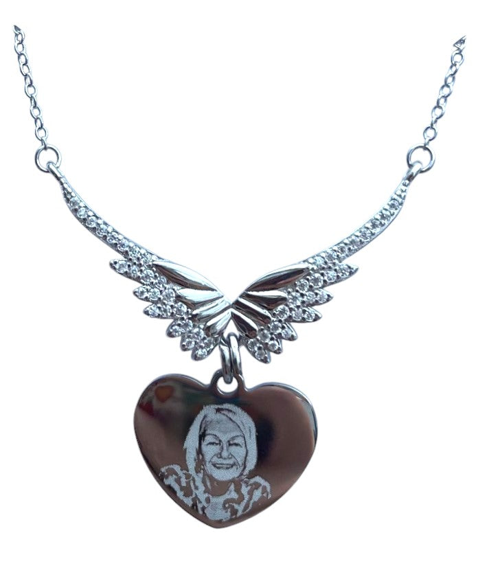 925 Angel wing photo engraved heart pendant necklace