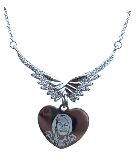 925 Angel wing photo engraved heart pendant necklace