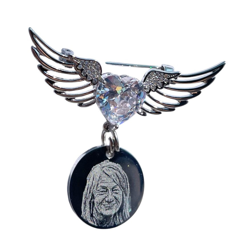 Silver angel wing photo engraved memorial brooch