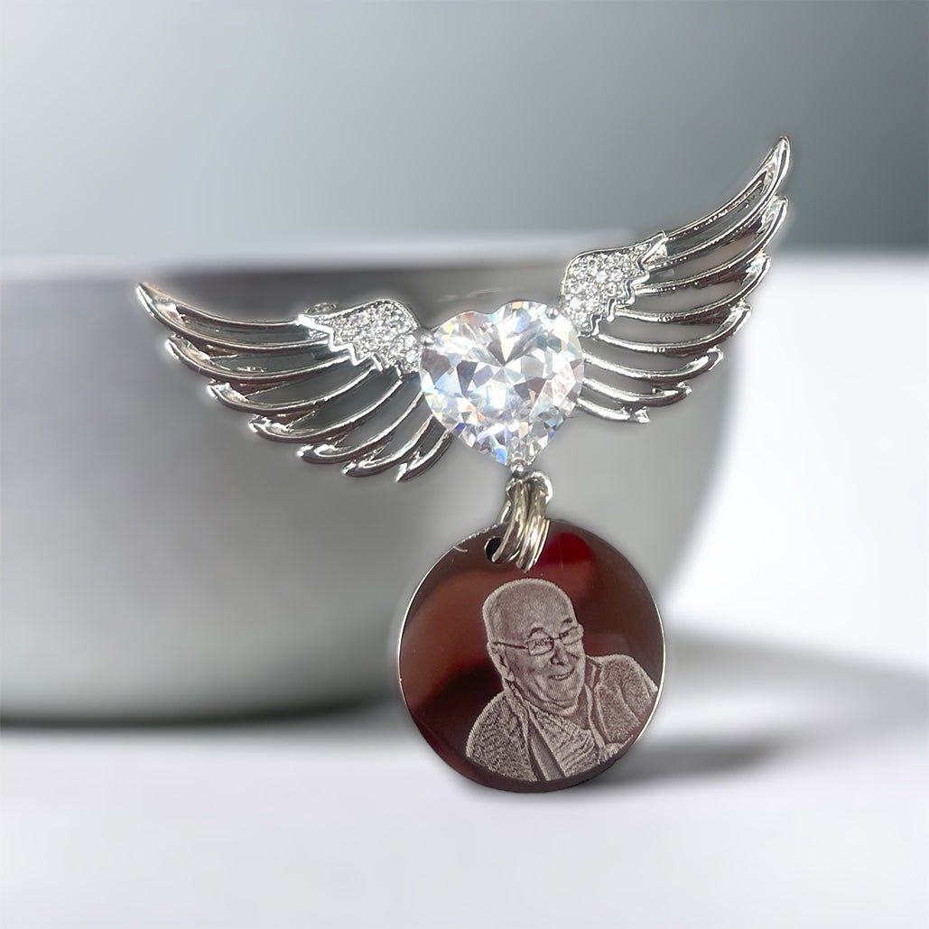 Silver angel wing photo engraved memorial brooch