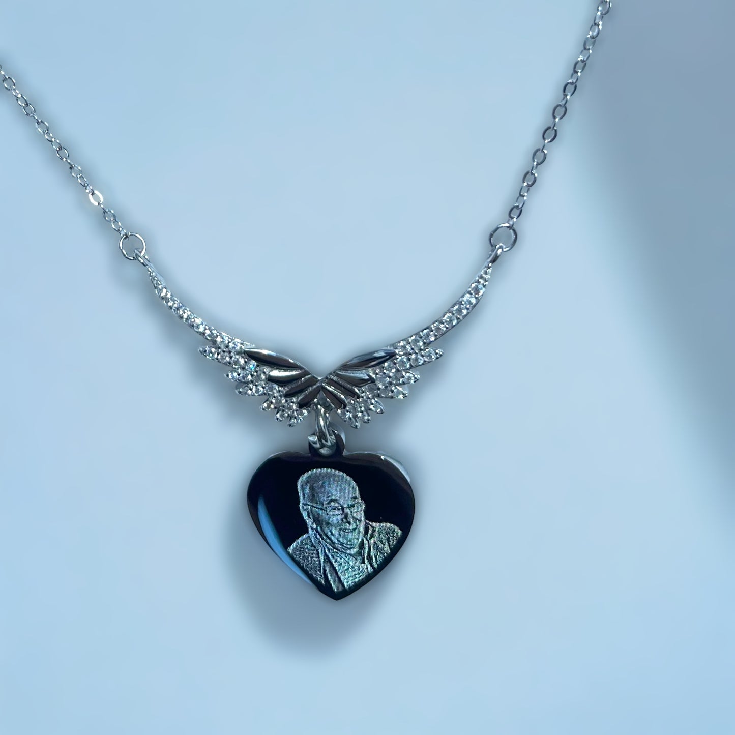 925 Angel wing photo engraved heart pendant necklace