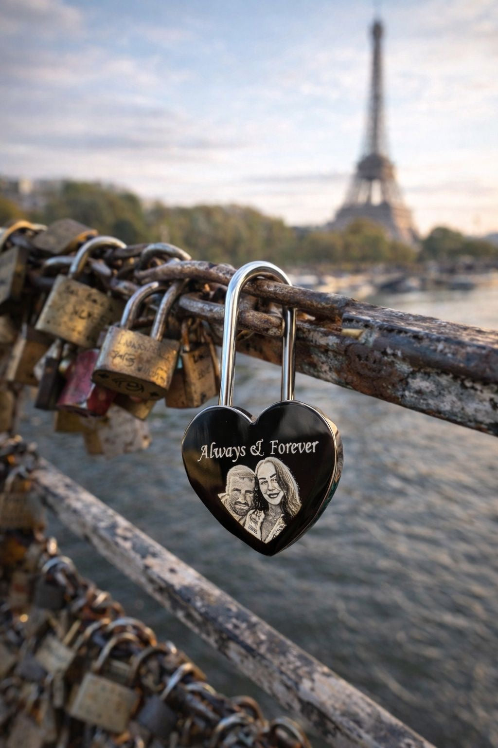 Silver photo engraved love padlock and key