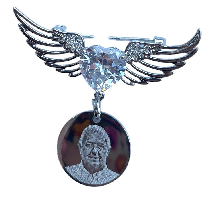 Silver angel wing photo engraved memorial brooch