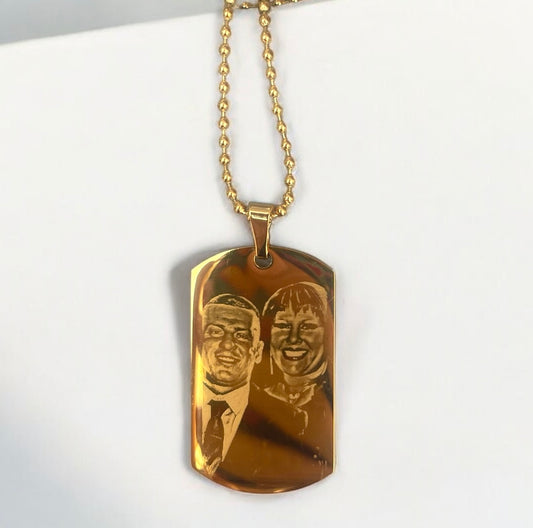 Gold dog tag photo engraved pendant necklace