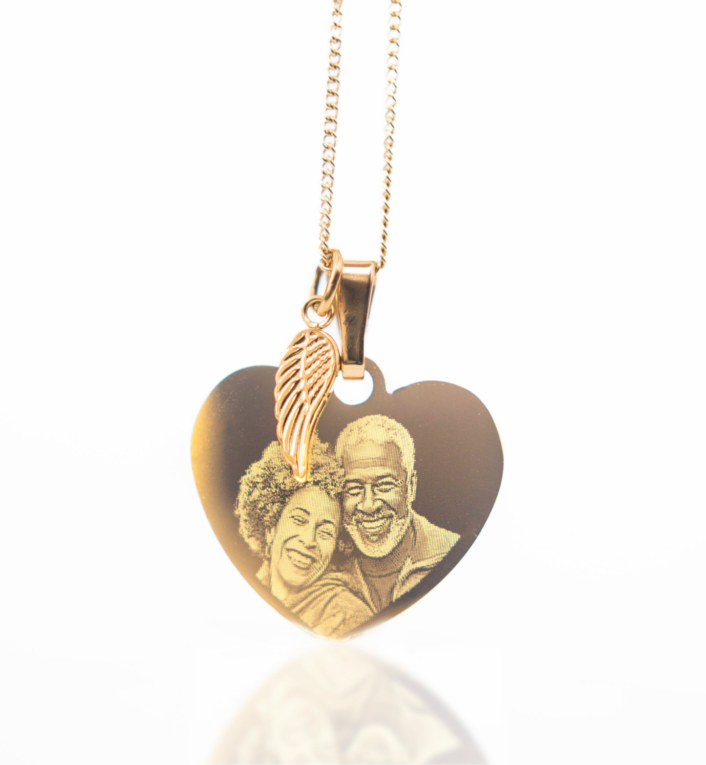 Gold angel wing classic heart pendant necklace photo engraved