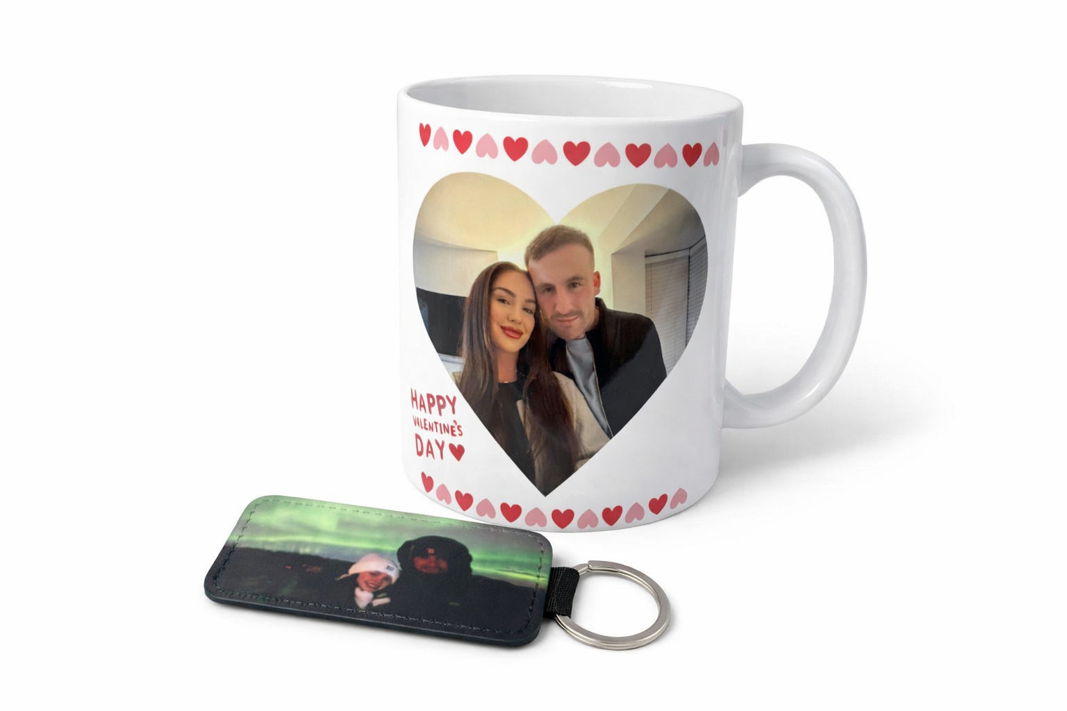 Mug with a printed photo of a couple and 'Happy Valentine's Day' text, accompanied by a keychain with a similar design.