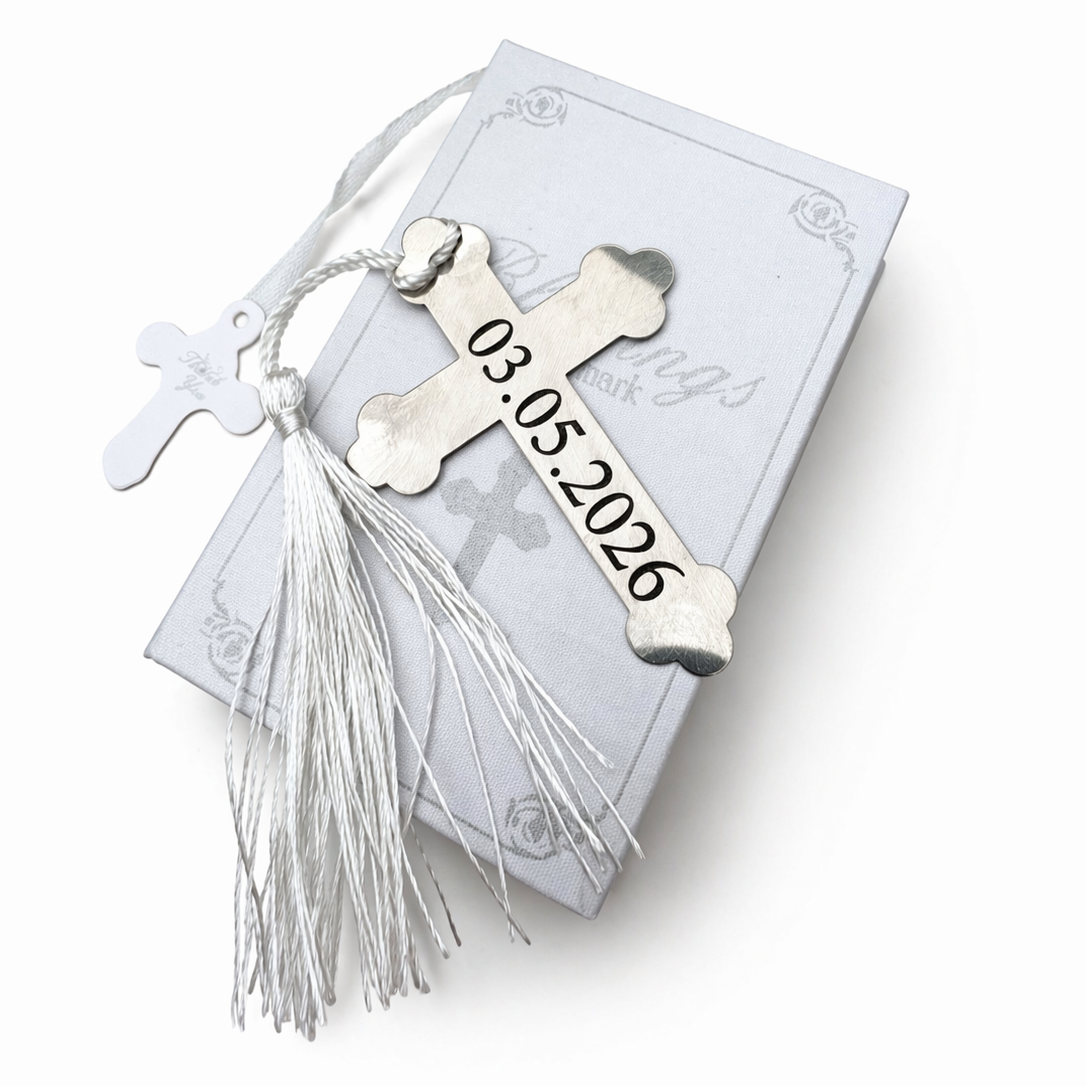 Silver cross bookmark with date