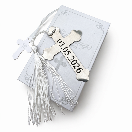 Silver cross bookmark with date