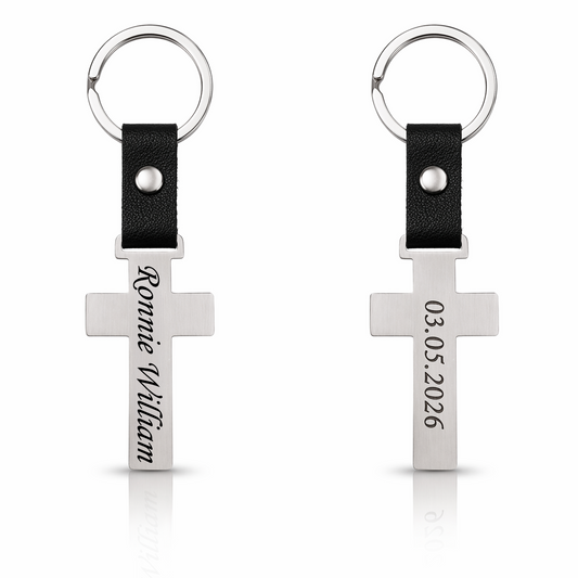 Personalised Cross Keyring with Name & Date Engraving